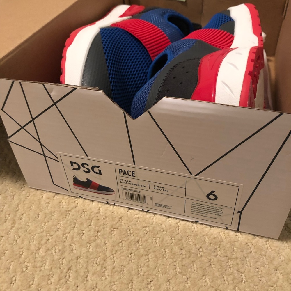 Never worn DSG slip on sneakers red/blue